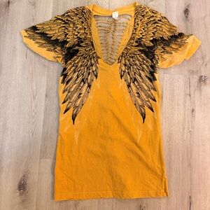 Vintage Affliction "Age of Winter" Wing Graphic Tee - Mustard Yellow - Size L